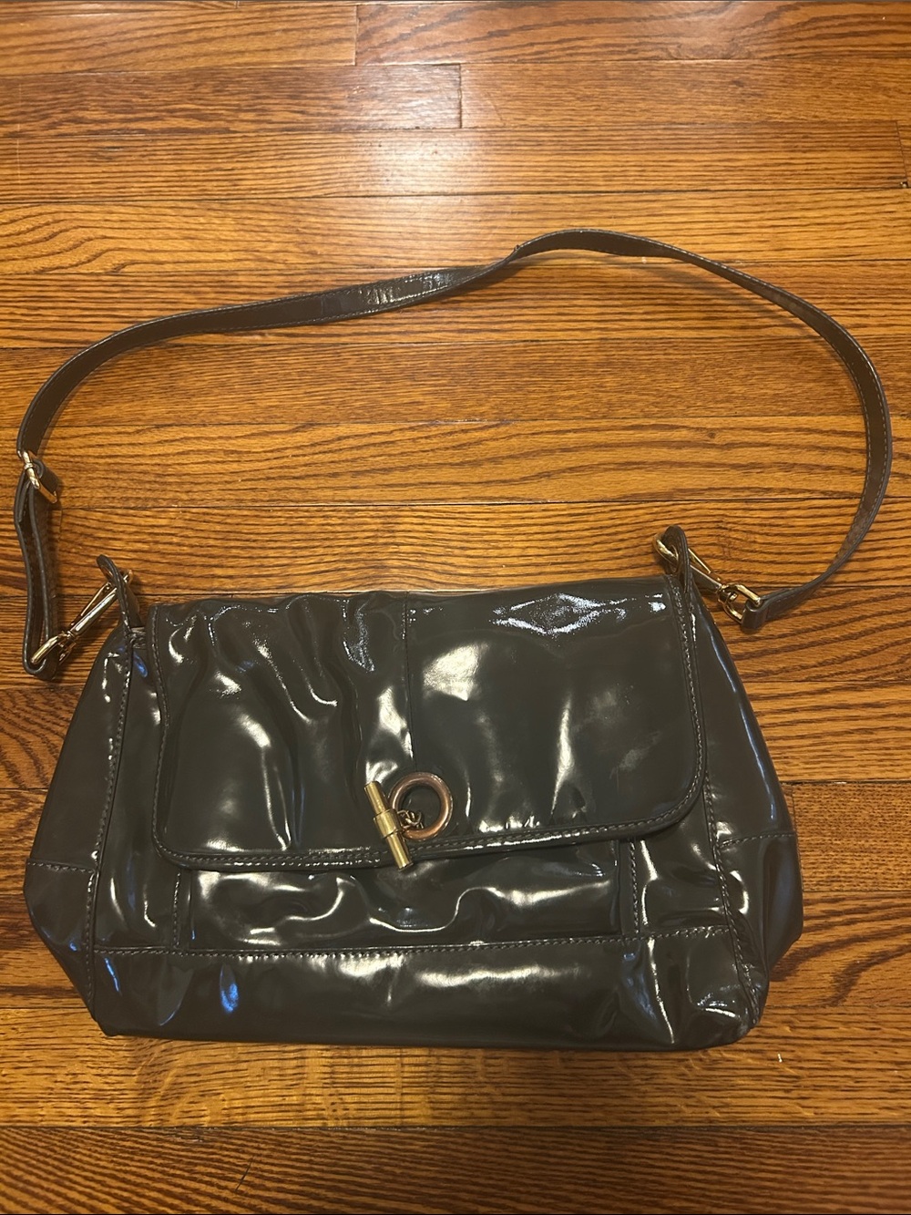 J. Crew Gray Patent Shoulder Bag with Gold Hardware